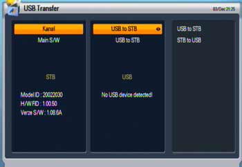 označíme řádek "Main S/W. Dále stisky šipka vpravo měníme volbu "USBtoSTB" (z paměti do přijímače) a "STBtoUSB" (z přijímače do paměti). Zvolíme volbu "USBtoSTB" a potvrdíme stiskem "OK".