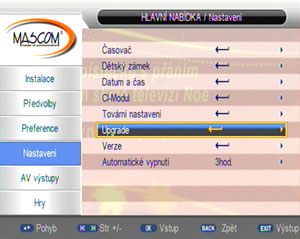 Zasuňte do USB konektoru flash pamět na kterou jste si nahráli nový SW. Stiskněte tlačítko "Menu", v levém sloupci vyberte položku "Nastavení" a stiskněte šipku vpravo. V pravém sloupci se šipkou dolu přesuňte na řádek "Upgrade" a tento potvrďte tlačítkem "OK"
